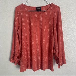 W5 textured brick red ruffle sleeve striped blouse L